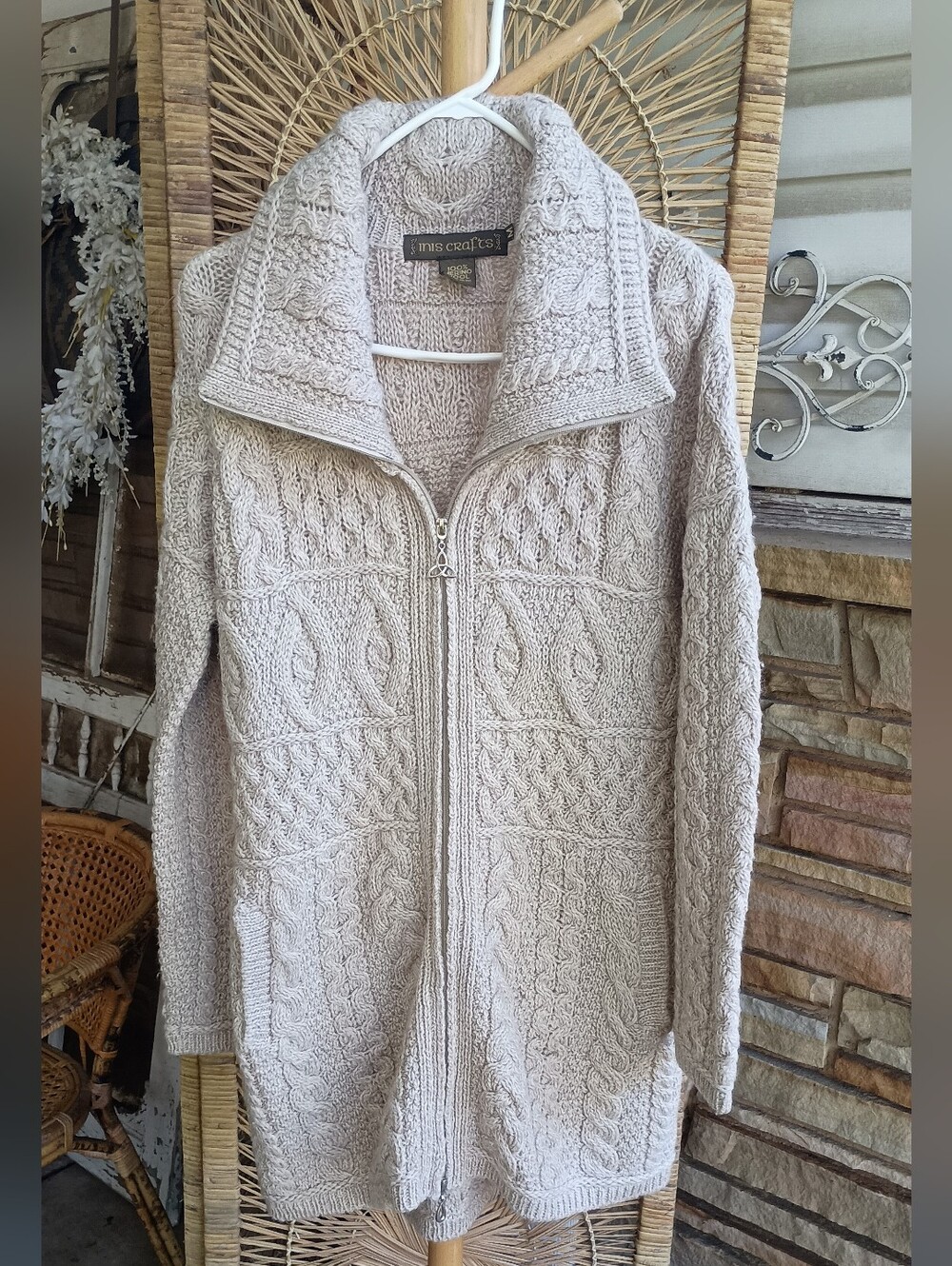Inis Crafts Long 100% Merino Wool Cream Cable-Knit Zip Cardigan Sweater_M - Picture 2 of 8